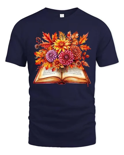 Autumn Book Floral Graphic T Shirt Cozy Fall Reader Tee - navy t-shirt on white background
