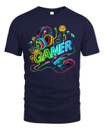 Neon Gamer Headset Graphic T Shirt Gaming Setup Style - navy t-shirt on white background
