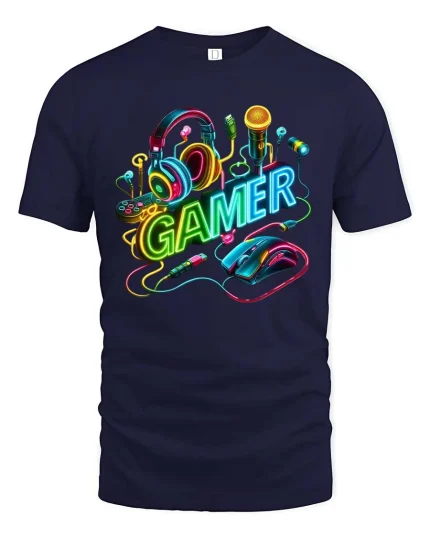 Neon Gamer Headset Graphic T Shirt Gaming Setup Style - navy t-shirt on white background