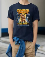 Thunder Buddies Bear Graphic T Shirt Cute Funny Storm - model wearing navy tee with hands in pockets