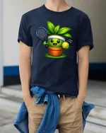 Cute Tennis Plant Graphic T Shirt Funny Garden Sport Tee - model wearing navy tee with hands in pockets
