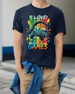 I Love Games Gamer Headset Graphic T Shirt Colorful Fun - model wearing navy tee with hands in pockets
