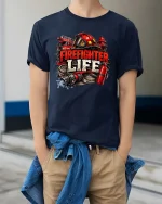 Firefighter Life Graphic T Shirt Hero Rescue Pride Tee - model wearing navy tee with hands in pockets