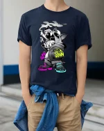 Street Wolf Graffiti Graphic T Shirt Urban Edgy Style - model wearing navy tee with hands in pockets