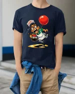 Funny Coffee Server Chaos Graphic T Shirt Cartoon Humor - model wearing navy tee with hands in pockets