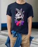 Crazy Punk Face Graphic T Shirt Edgy Street Cartoon Style - model wearing navy tee with hands in pockets