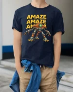 Amaze Robot Graphic T Shirt Funny Sci Fi Gamer Style Tee - model wearing navy tee with hands in pockets