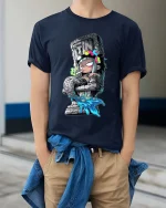 Dark Anime Statue Girl Graphic T Shirt Urban Street Art - model wearing navy tee with hands in pockets