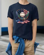 Patriotic Baseball Glove Graphic T Shirt USA Drip Style - model wearing navy tee with hands in pockets