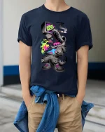 Street Shark Demand Snacks Graphic T Shirt Urban Vibe - model wearing navy tee with hands in pockets