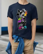 Street Dog Honk Again Graphic T Shirt Urban Graffiti Vibe - model wearing navy tee with hands in pockets