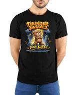 Thunder Buddies Bear Graphic T Shirt Cute Funny Storm - model wearing black tee with hands behind back