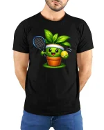Cute Tennis Plant Graphic T Shirt Funny Garden Sport Tee - model wearing black tee with hands behind back