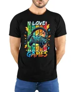 I Love Games Gamer Headset Graphic T Shirt Colorful Fun - model wearing black tee with hands behind back