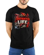 Firefighter Life Graphic T Shirt Hero Rescue Pride Tee - model wearing black tee with hands behind back