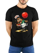 Funny Coffee Server Chaos Graphic T Shirt Cartoon Humor - model wearing black tee with hands behind back
