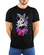 Crazy Punk Face Graphic T Shirt Edgy Street Cartoon Style - model wearing black tee with hands behind back
