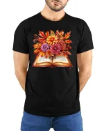 Autumn Book Floral Graphic T Shirt Cozy Fall Reader Tee - model wearing black tee with hands behind back