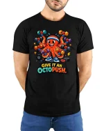Funny Octopus Workout Graphic T Shirt Gym Humor Fitness - model wearing black tee with hands behind back
