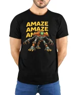 Amaze Robot Graphic T Shirt Funny Sci Fi Gamer Style Tee - model wearing black tee with hands behind back