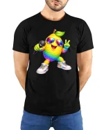 Rainbow Lemon Singer Graphic T Shirt Funny Party Vibes - model wearing black tee with hands behind back