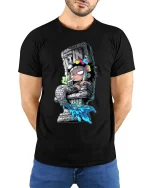 Dark Anime Statue Girl Graphic T Shirt Urban Street Art - model wearing black tee with hands behind back