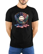 Patriotic Baseball Glove Graphic T Shirt USA Drip Style - model wearing black tee with hands behind back