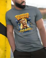 Thunder Buddies Bear Graphic T Shirt Cute Funny Storm - model wearing grey tee, leaning on column