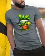 Cute Tennis Plant Graphic T Shirt Funny Garden Sport Tee - model wearing grey tee, leaning on column