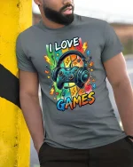 I Love Games Gamer Headset Graphic T Shirt Colorful Fun - model wearing grey tee, leaning on column