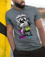 Street Wolf Graffiti Graphic T Shirt Urban Edgy Style - model wearing grey tee, leaning on column