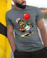 Funny Coffee Server Chaos Graphic T Shirt Cartoon Humor - model wearing grey tee, leaning on column