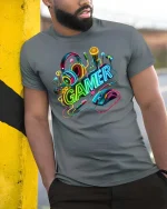 Neon Gamer Headset Graphic T Shirt Gaming Setup Style - model wearing grey tee, leaning on column