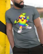 Rainbow Lemon Singer Graphic T Shirt Funny Party Vibes - model wearing grey tee, leaning on column