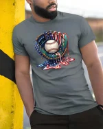 Patriotic Baseball Glove Graphic T Shirt USA Drip Style - model wearing grey tee, leaning on column