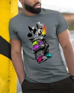 Street Dog Honk Again Graphic T Shirt Urban Graffiti Vibe - model wearing grey tee, leaning on column