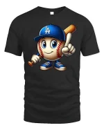 Cute Baseball Cartoon Player LA Style Graphic tshirt - black t-shirt on white background