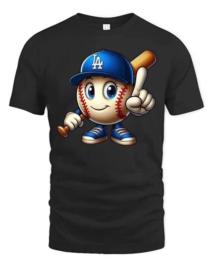 Cute Baseball Cartoon Player LA Style Graphic tshirt - black t-shirt on white background