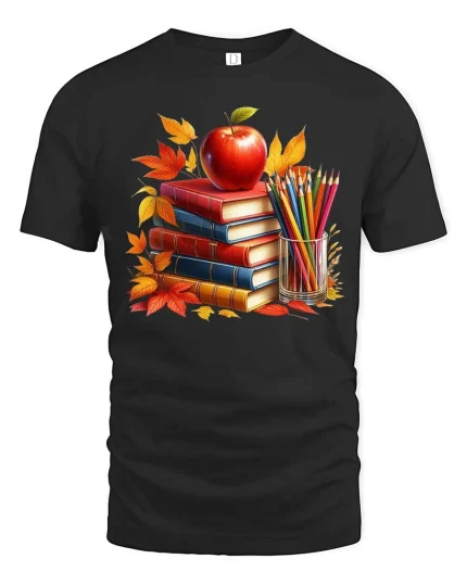 Autumn Books Apple Teacher Classroom Art Style tshirt - black t-shirt on white background