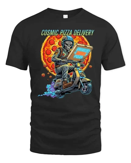 Cosmic Pizza Delivery Alien Scooter Space tshirt Style - black t-shirt on white background