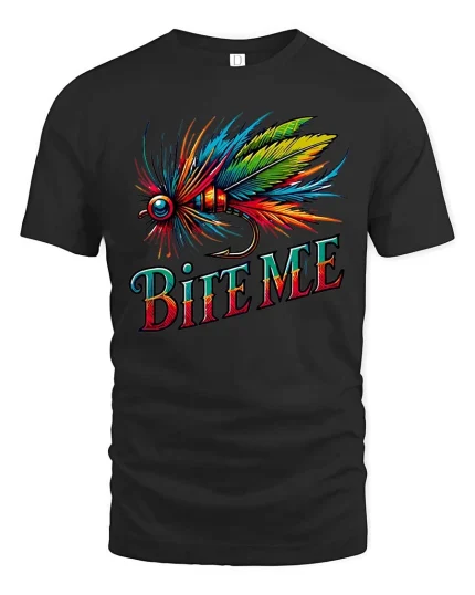 Bite Me Fishing Fly Colorful Angler Graphic tshirt Fun - black t-shirt on white background