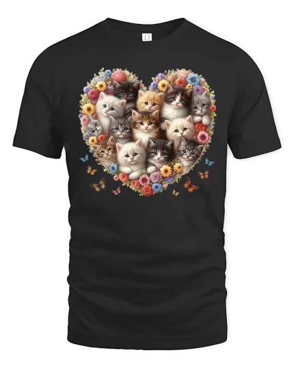 Cute Kitten Flower Heart Aesthetic Cat Lover tshirt Style - black t-shirt on white background