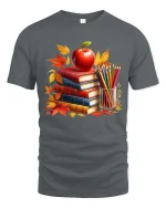 Autumn Books Apple Teacher Classroom Art Style tshirt - gray t-shirt on white background