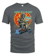 Cosmic Pizza Delivery Alien Scooter Space tshirt Style - gray t-shirt on white background