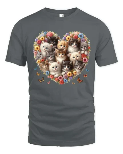 Cute Kitten Flower Heart Aesthetic Cat Lover tshirt Style - gray t-shirt on white background