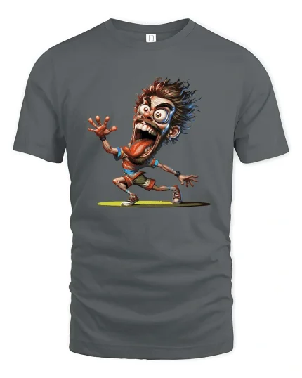 Crazy Cartoon Runner Funny Expression Street Style tshirt - gray t-shirt on white background