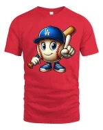 Cute Baseball Cartoon Player LA Style Graphic tshirt - red t-shirt on white background