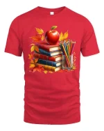 Autumn Books Apple Teacher Classroom Art Style tshirt - red t-shirt on white background