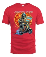 Cosmic Pizza Delivery Alien Scooter Space tshirt Style - red t-shirt on white background