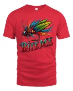 Bite Me Fishing Fly Colorful Angler Graphic tshirt Fun - red t-shirt on white background